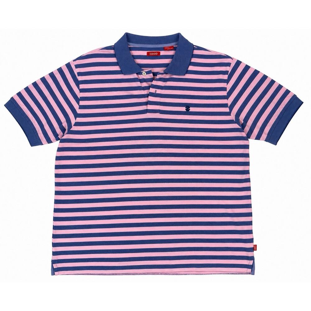 IZOD Mens Shirt XL Pink Polo with Blue and White Stripes Preppy Casual